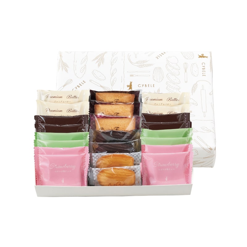 ピスタチオ、つぶつぶ苺、ラスクルの3種のチョコレートラスクとマドレーヌ、フィナンシェを詰合せました。